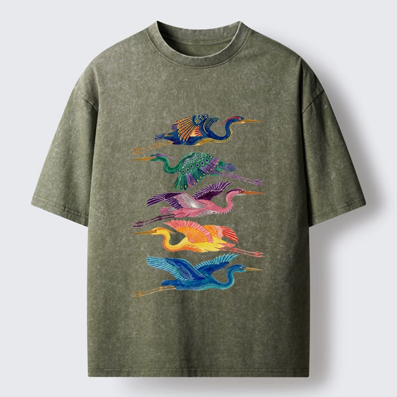 Tokyo‑Tiger Colorful Flying Cranes Washed T‑Shirt