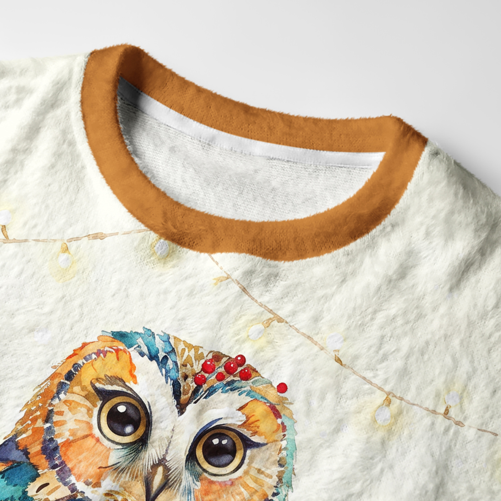 Tokyo-Tiger Winter Glow Owl Fuzzy Christmas Ugly Sweatshirt