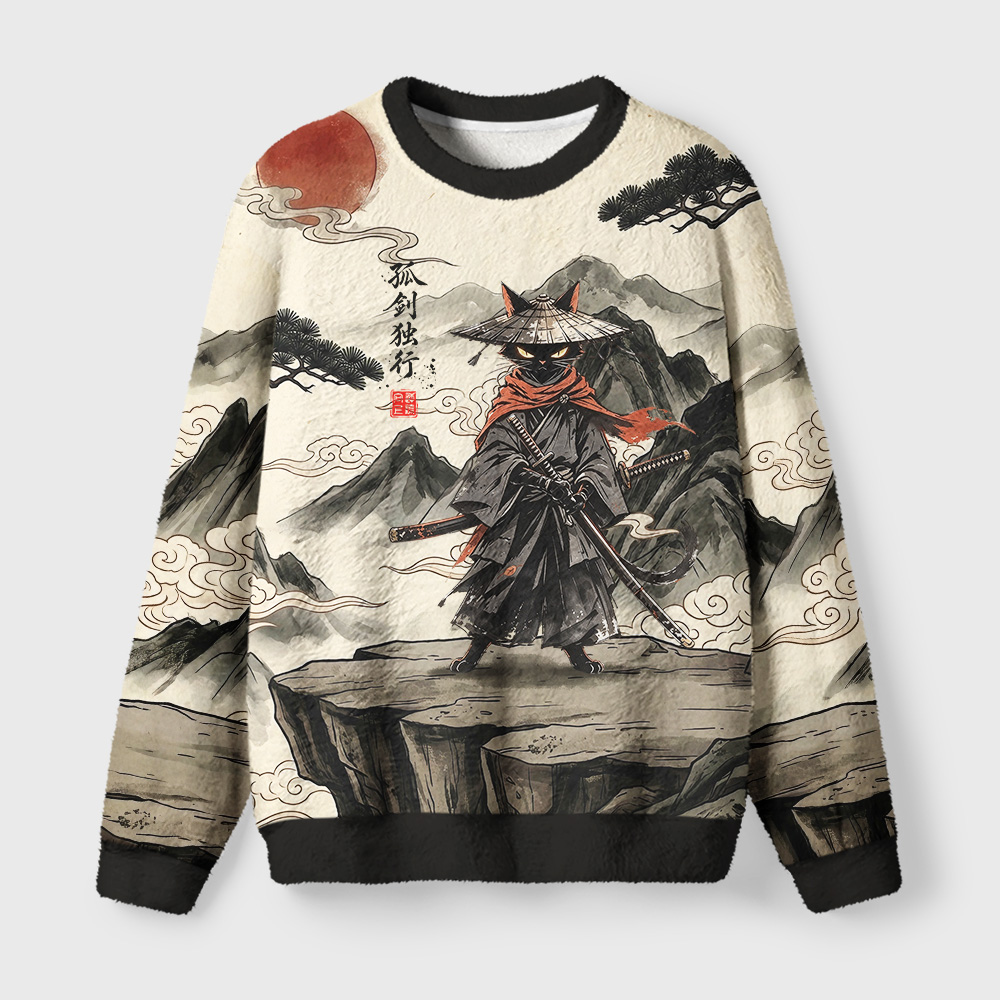 Tokyo-Tiger Lone Samurai Cat Ink Art Fuzzy Christmas Ugly Sweatshirt