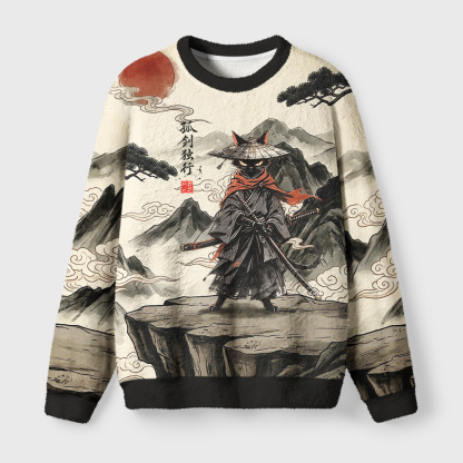 Tokyo-Tiger Lone Samurai Cat Ink Art Fuzzy Christmas Ugly Sweatshirt
