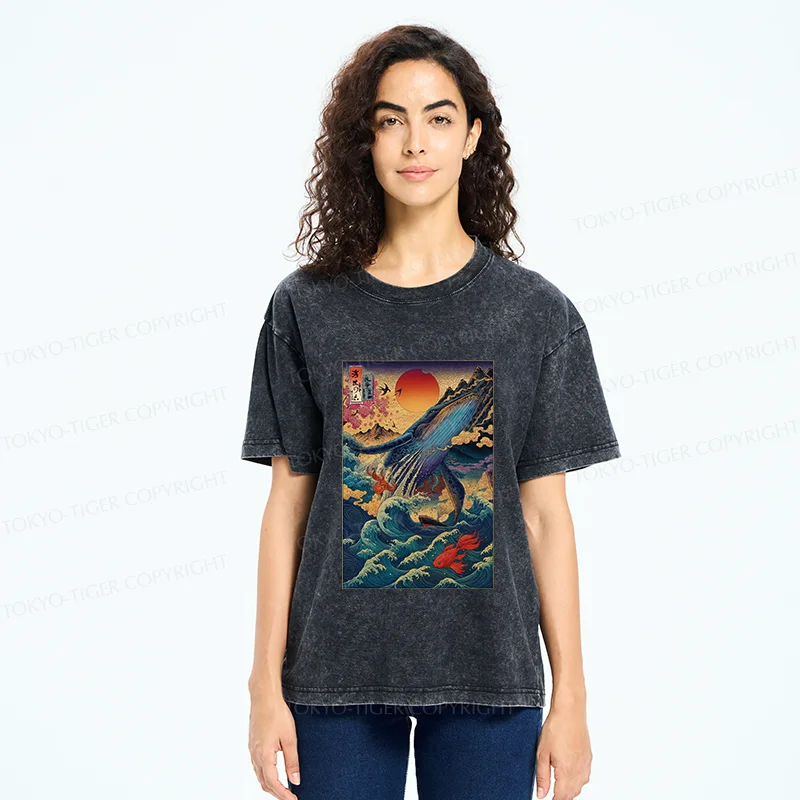 Tokyo-Tiger Ukiyoe Whale Japan Washed T-Shirt