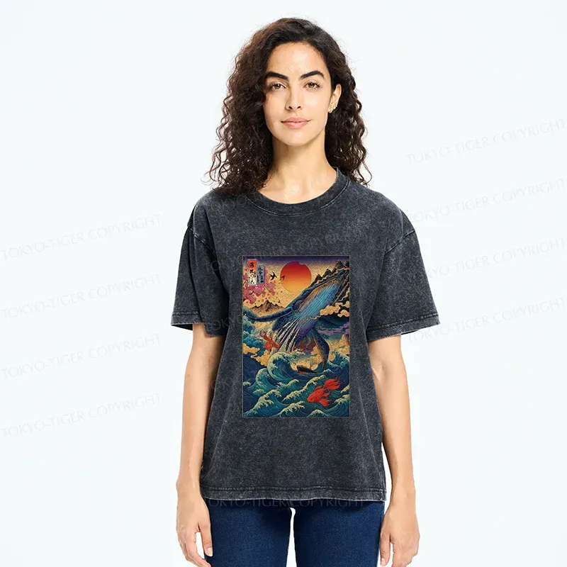Tokyo-Tiger Ukiyoe Whale Japan Washed T-Shirt