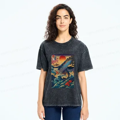 Tokyo-Tiger Ukiyoe Whale Japan Washed T-Shirt