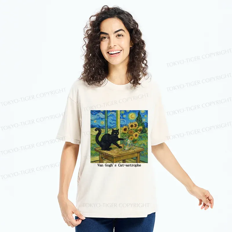 Tokyo-Tiger Cat Playing With Sunflowers Washed T-Shirt