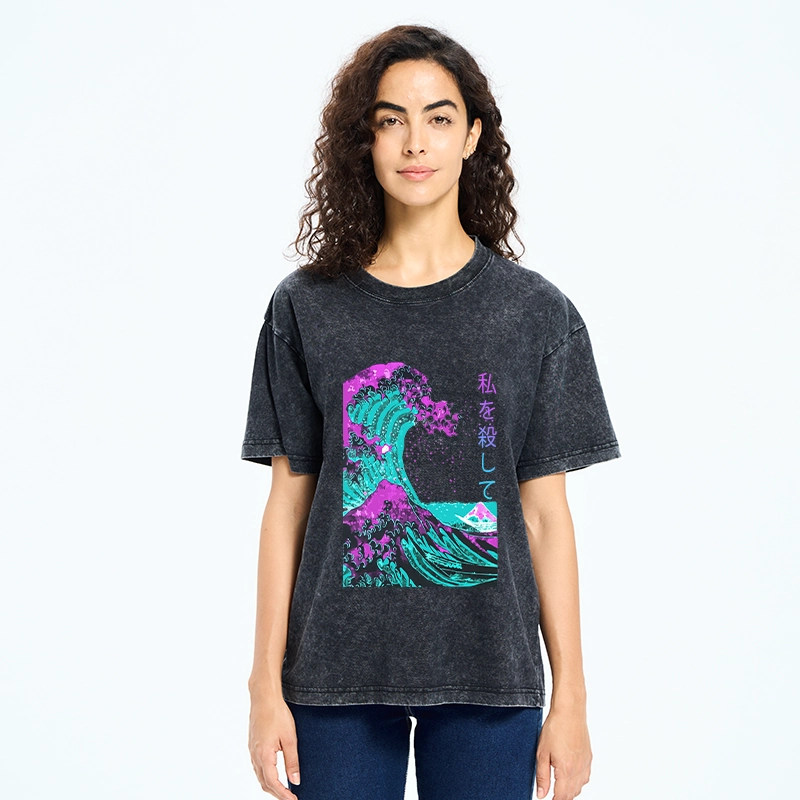 Tokyo-Tiger Neon Great Wave Off Kanagawa Washed T-Shirt