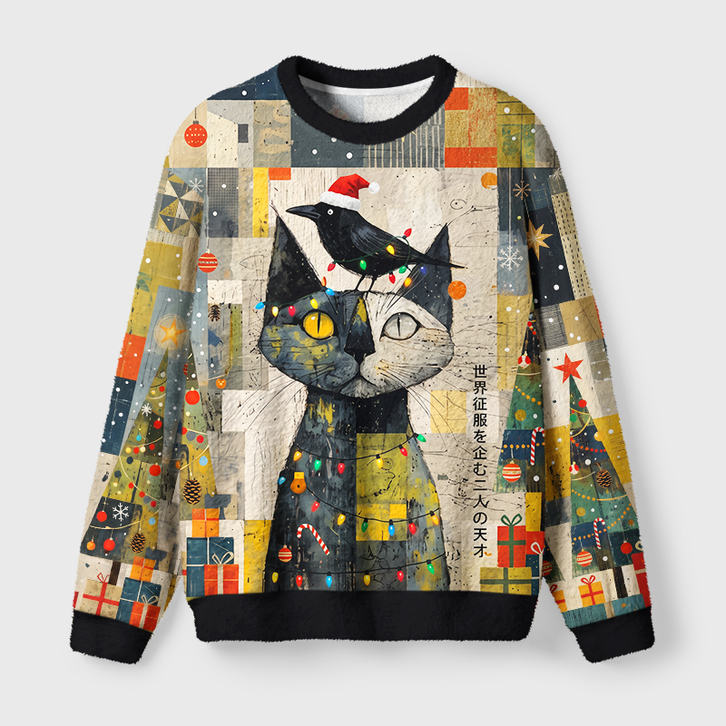 Tokyo-Tiger The Cat And The Crow Are Planning To Rule The World Fuzzy Christmas Ugly Sweatshirt