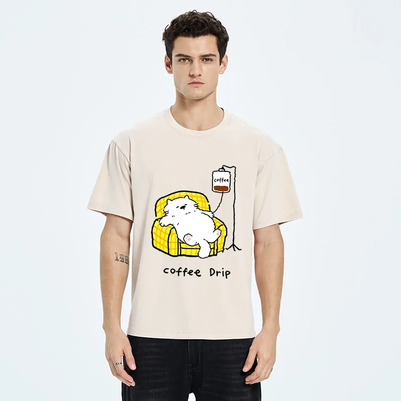 Tokyo-Tiger Fluffy Cat Needs Coffee Drip Art Washed T-Shirt