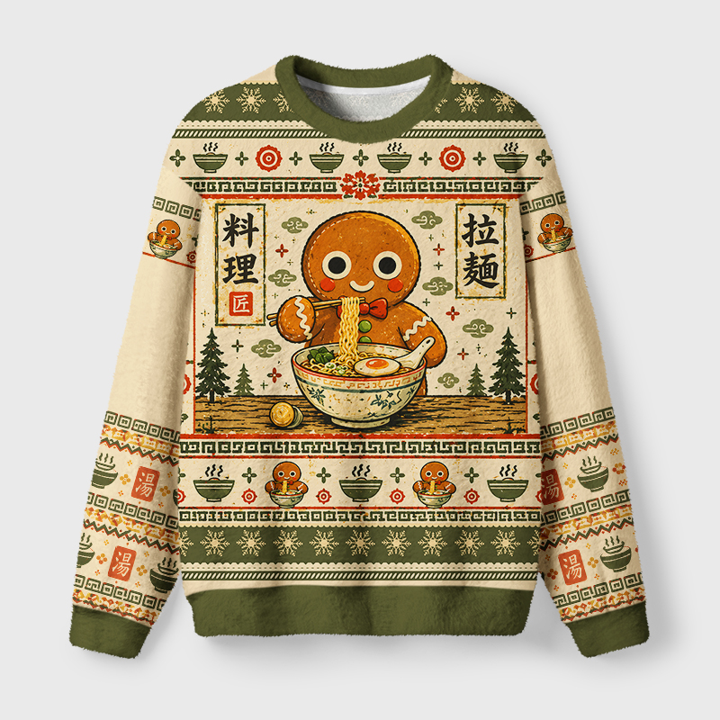 Tokyo-Tiger Gingerbread Man Eating Ramen Fuzzy Christmas Ugly Sweatshirt