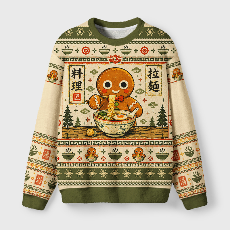 Tokyo-Tiger Gingerbread Man Eating Ramen Fuzzy Christmas Ugly Sweatshirt