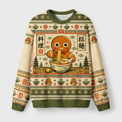 Tokyo-Tiger Gingerbread Man Eating Ramen Fuzzy Christmas Ugly Sweatshirt