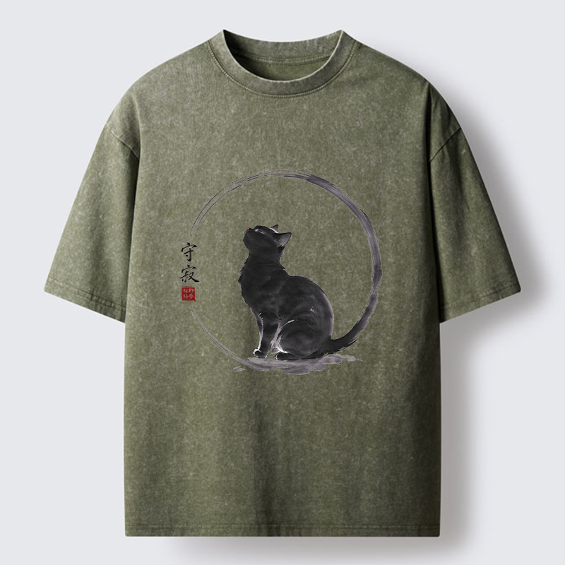 Tokyo-Tiger Traditional Zen Ink Cat Washed T-Shirt