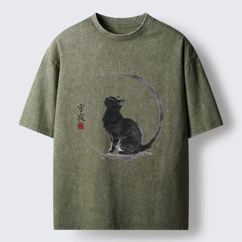 Tokyo-Tiger Traditional Zen Ink Cat Washed T-Shirt