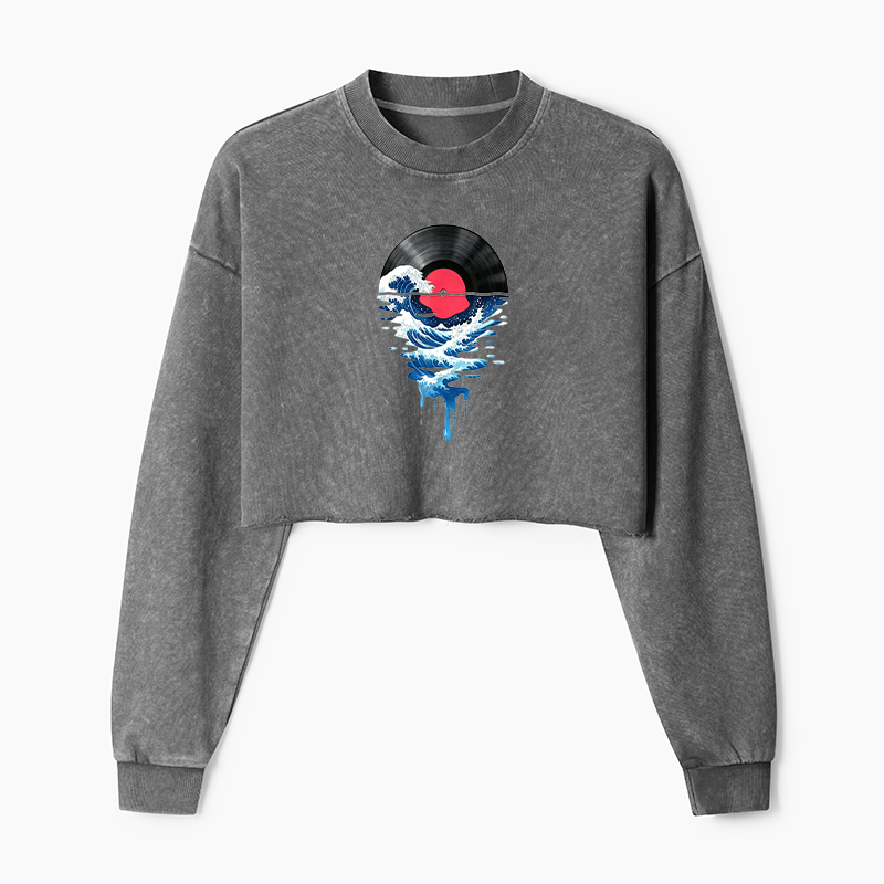 Tokyo-Tiger Vinyl Records And Waves Washed Crop Sweatshirt