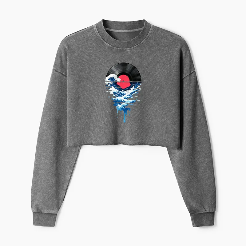 Tokyo-Tiger Vinyl Records And Waves Washed Crop Sweatshirt