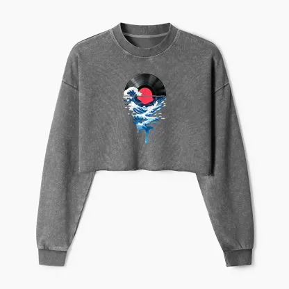 Tokyo-Tiger Vinyl Records And Waves Washed Crop Sweatshirt