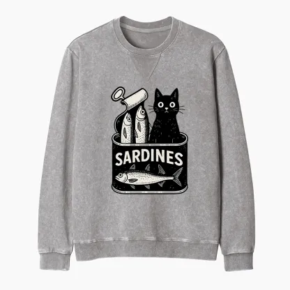 Tokyo-Tiger Cat And Canned Fish Washed Terry Sweatshirt