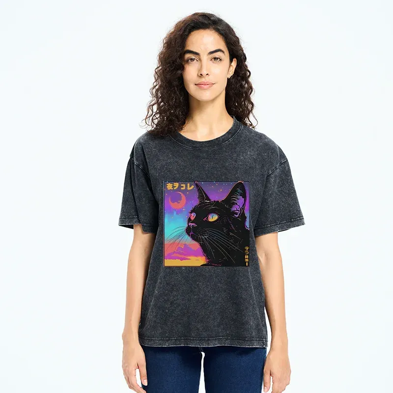Tokyo-Tiger Cat Under The Stars Washed T-Shirt