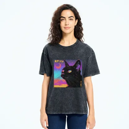 Tokyo-Tiger Cat Under The Stars Washed T-Shirt
