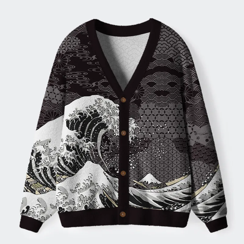 Tokyo-Tiger Great Wave Off Fuji Ugly Cardigan Sweater