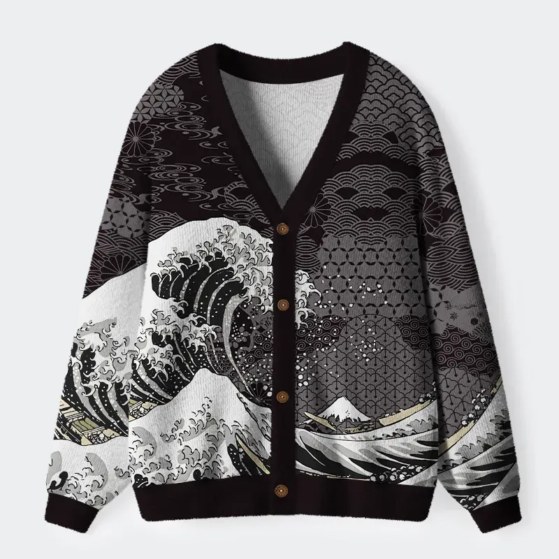 Tokyo-Tiger Great Wave Off Fuji Ugly Cardigan Sweater