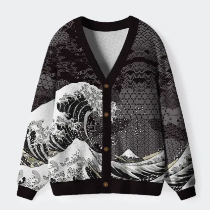 Tokyo-Tiger Great Wave Off Fuji Ugly Cardigan Sweater
