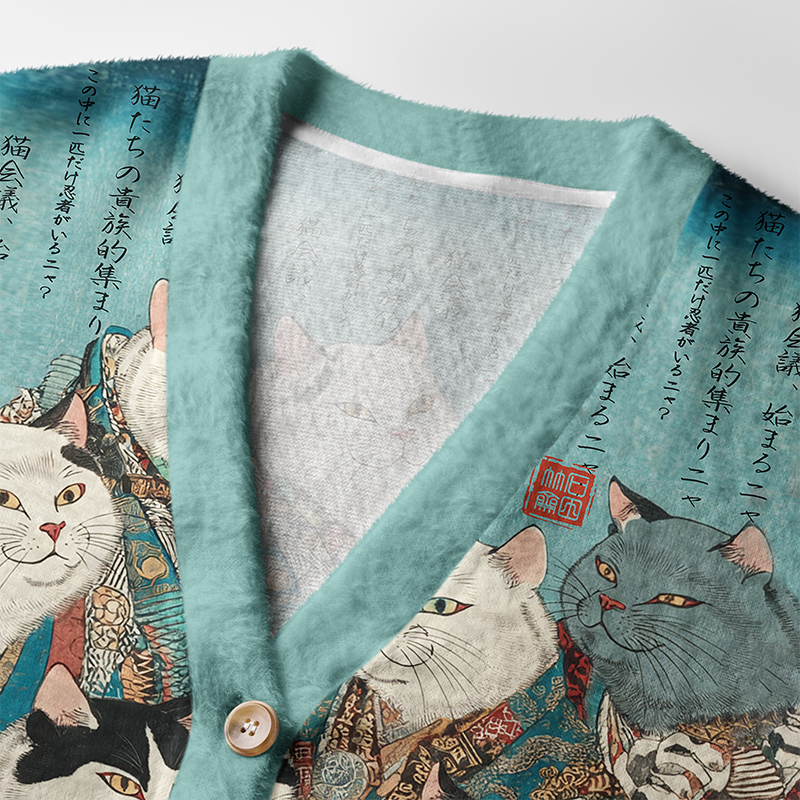 Tokyo-Tiger Formal Gathering of Ukiyo-e Cat Nobles Ugly Cardigan Sweater