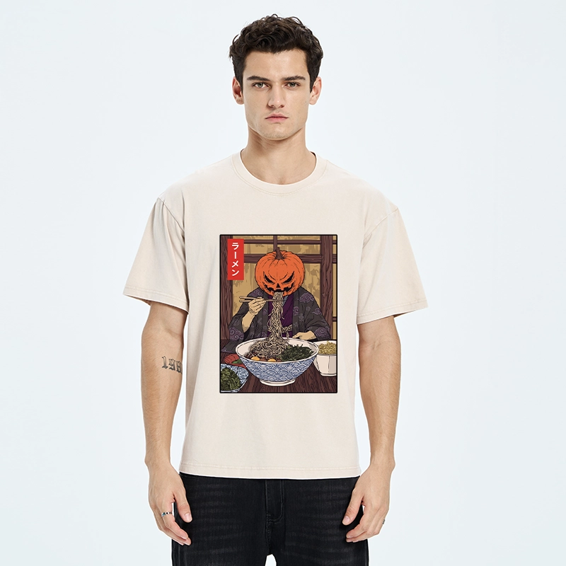 Tokyo‑Tiger Pumpkin Ramen Meme Washed T‑Shirt