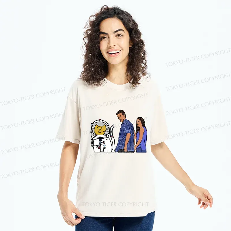 Tokyo-Tiger Funny Astronaut Cat Washed T-Shirt