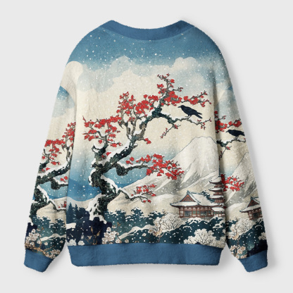 Tokyo-Tiger Crow Snow Ancient Temple Ugly Cardigan Sweater