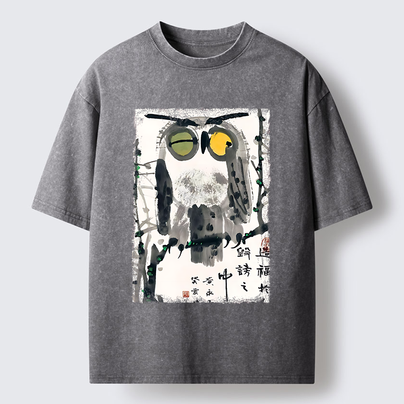 Tokyo-Tiger Oriental Ink Owl Art Washed T-Shirt