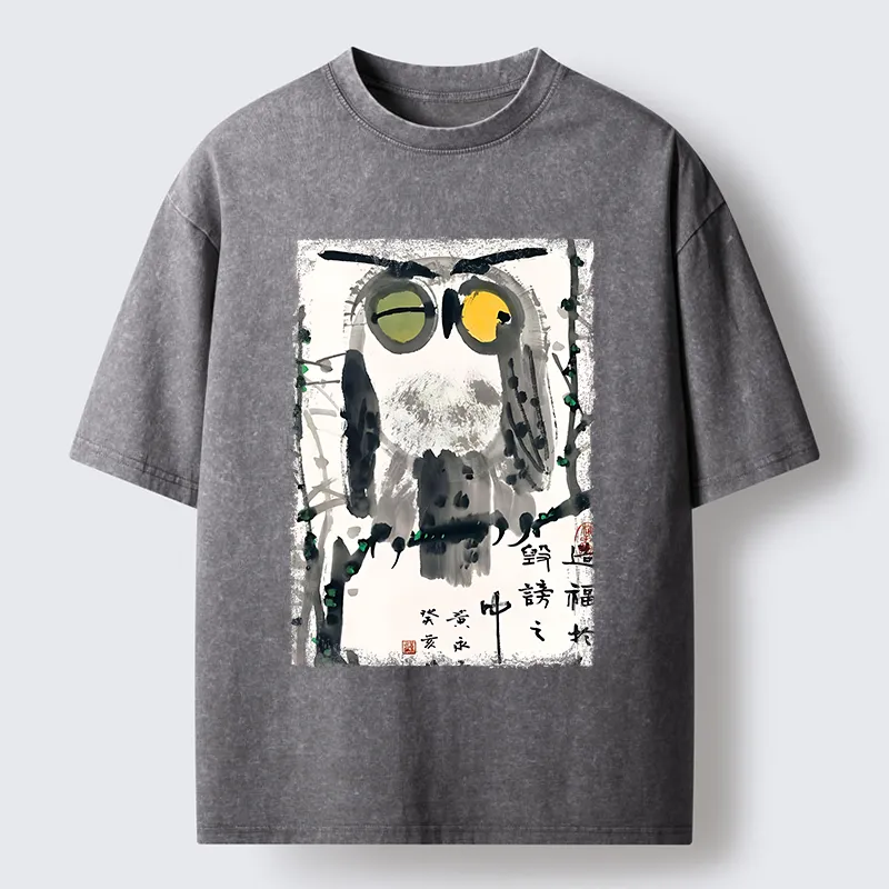 Tokyo-Tiger Oriental Ink Owl Art Washed T-Shirt