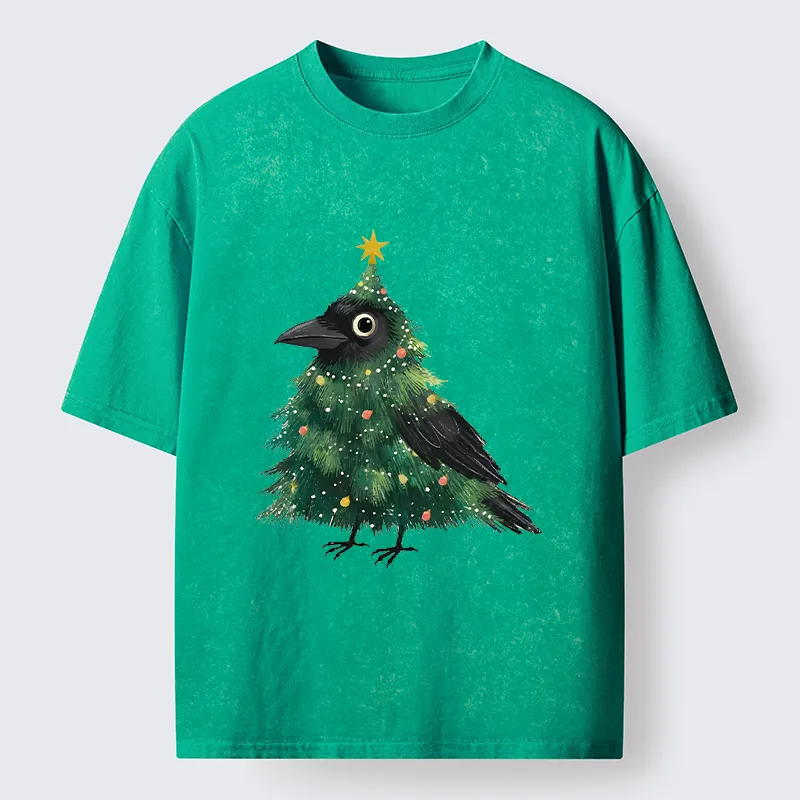 Tokyo-Tiger Cute Christmas Tree Crow Washed T-Shirt