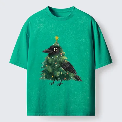Tokyo-Tiger Cute Christmas Tree Crow Washed T-Shirt