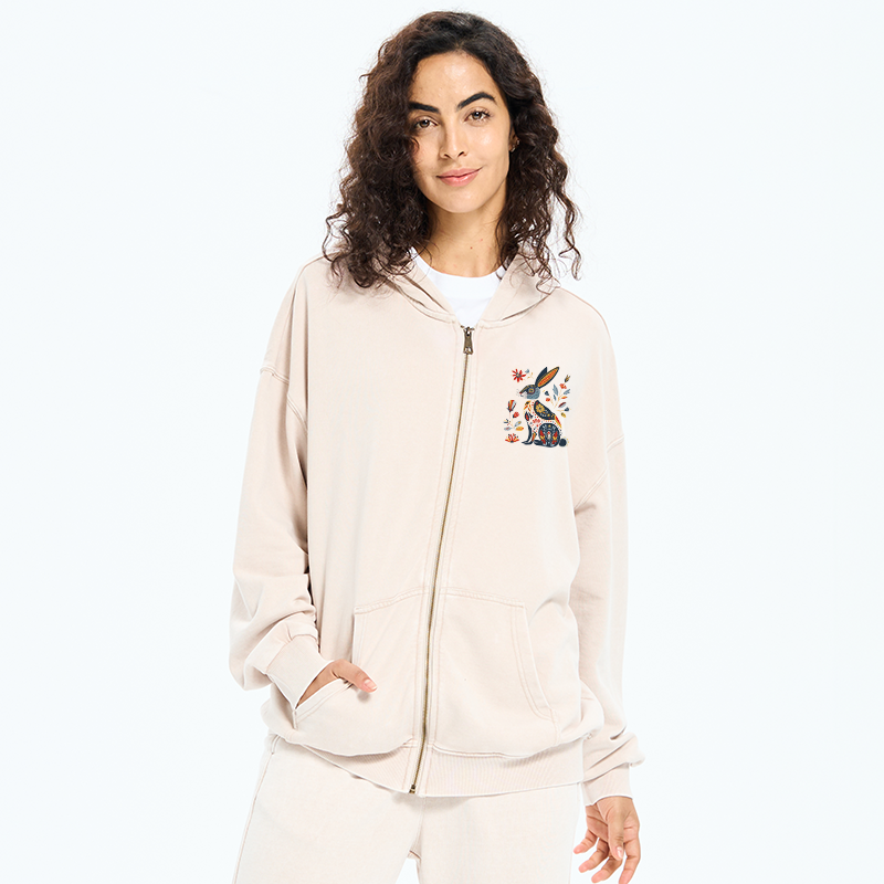 Tokyo-Tiger Folk Hare Bloom Washed Zip Hoodie