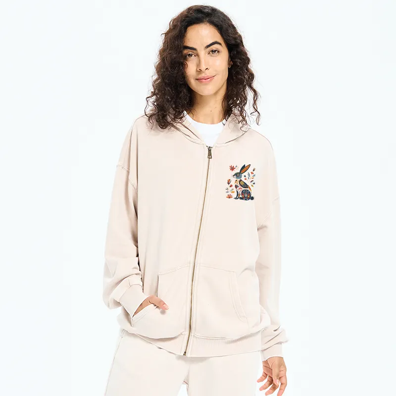 Tokyo-Tiger Folk Hare Bloom Washed Zip Hoodie