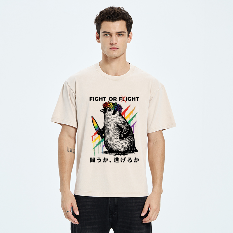 Tokyo-Tiger Funny Pride Month Penguin:Fight Or Flight Washed T-Shirt