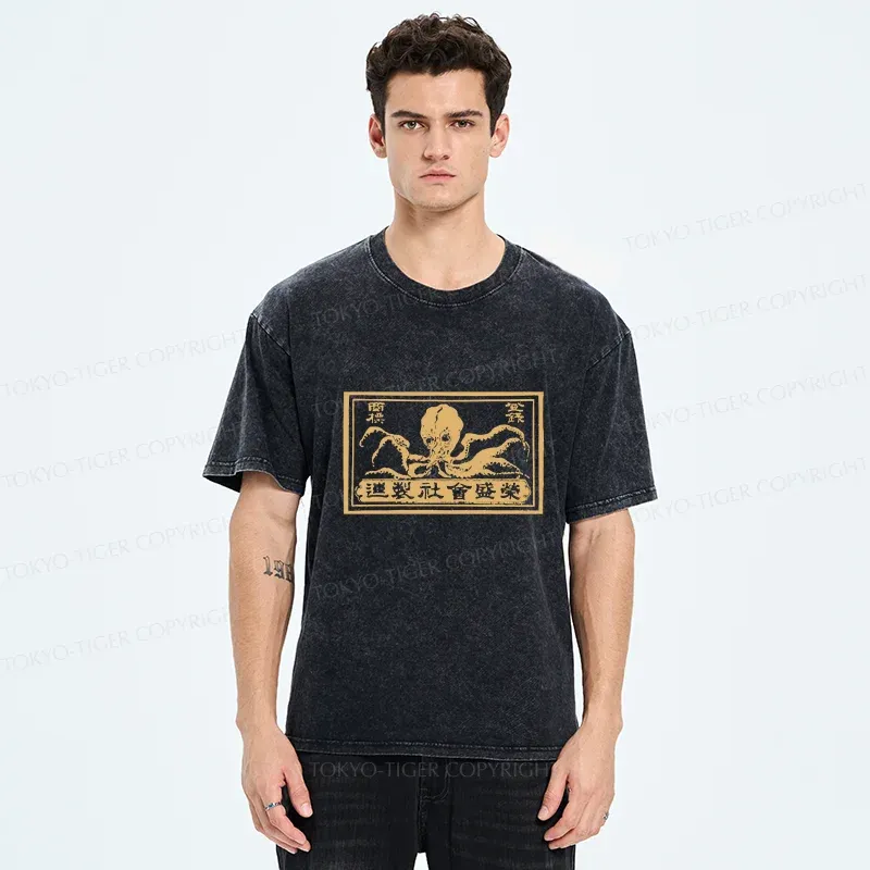 Tokyo-Tiger Woodcut Octopus Washed T-Shirt