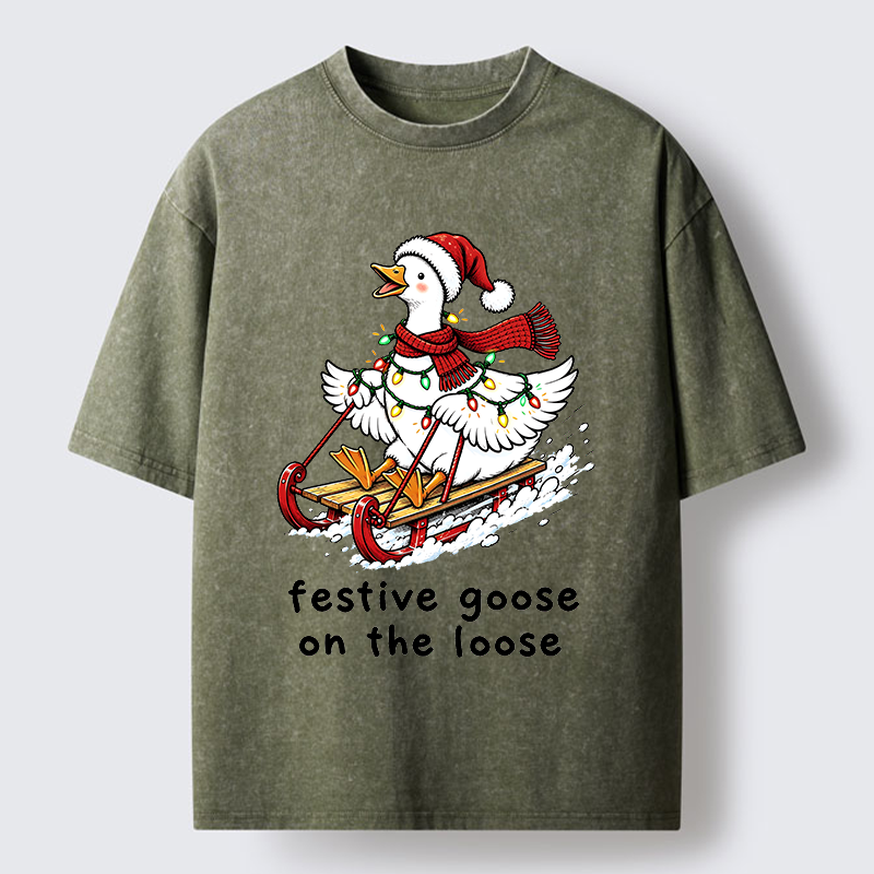Tokyo-Tiger Funny Christmas Lights Goose Meme Washed T-Shirt