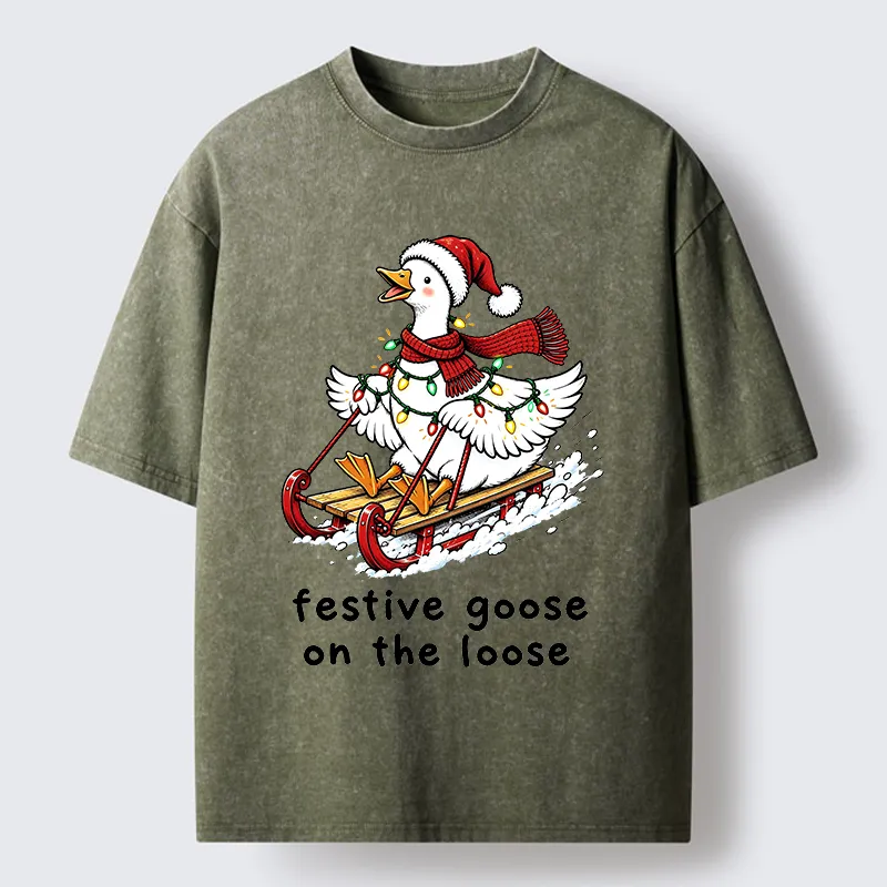 Tokyo-Tiger Funny Christmas Lights Goose Meme Washed T-Shirt