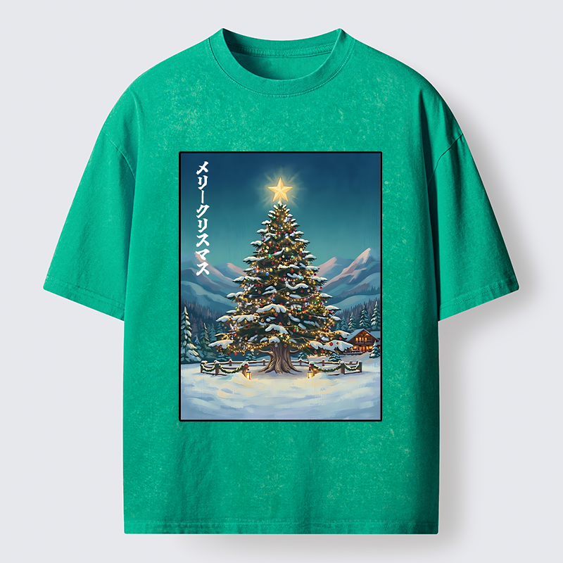 Tokyo-Tiger Snow Mountain Christmas Tree Vibe Washed T-Shirt