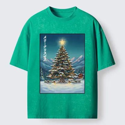 Tokyo-Tiger Snow Mountain Christmas Tree Vibe Washed T-Shirt