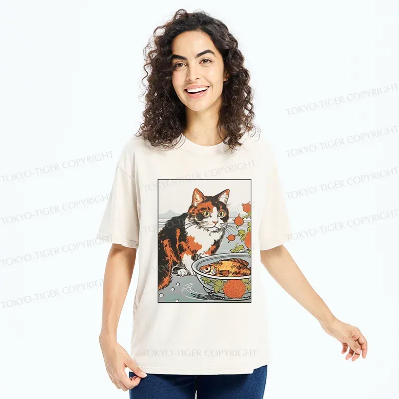 Tokyo-Tiger Cat Watching Koi Washed T-Shirt