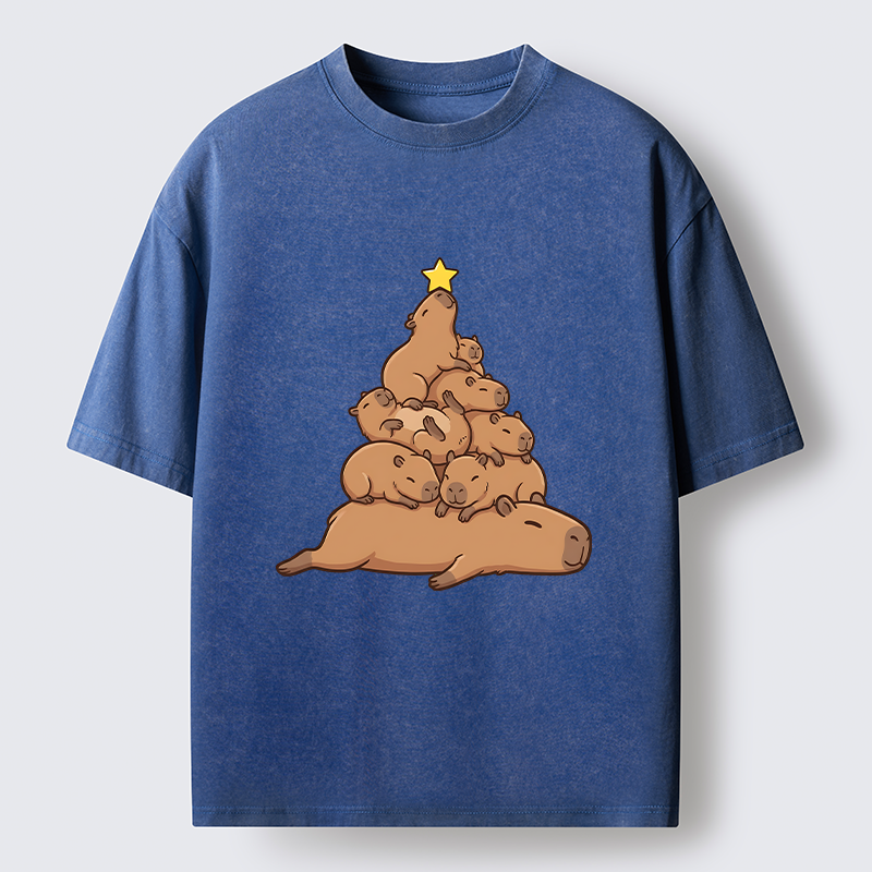 Tokyo-Tiger Funny Stacked Capybara Christmas Tree Washed T-Shirt