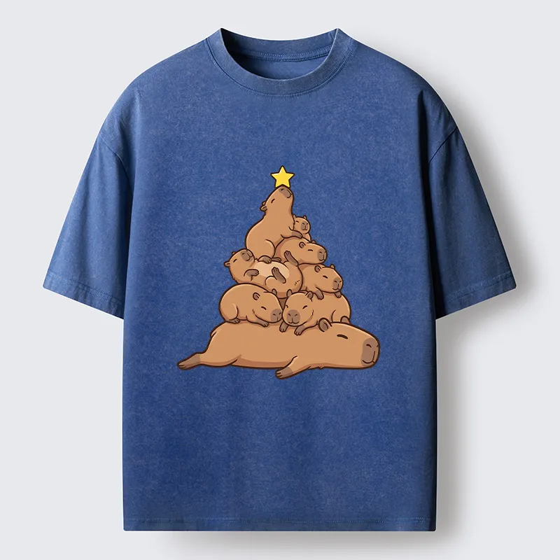 Tokyo-Tiger Funny Stacked Capybara Christmas Tree Washed T-Shirt