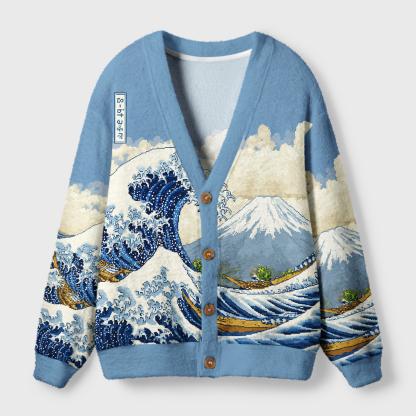 Tokyo-Tiger Cartoon Ukiyo-e Waves Ugly Cardigan Sweater