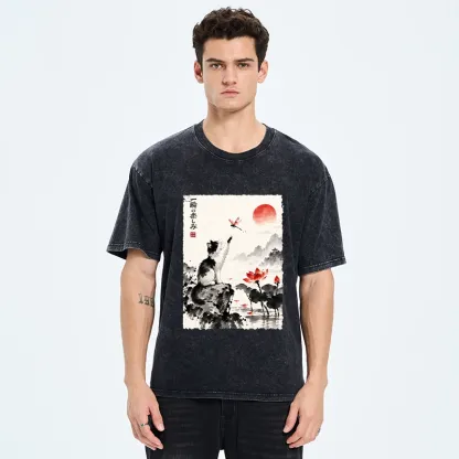 Tokyo-Tiger Cat Chases Dragonfly Washed T-Shirt