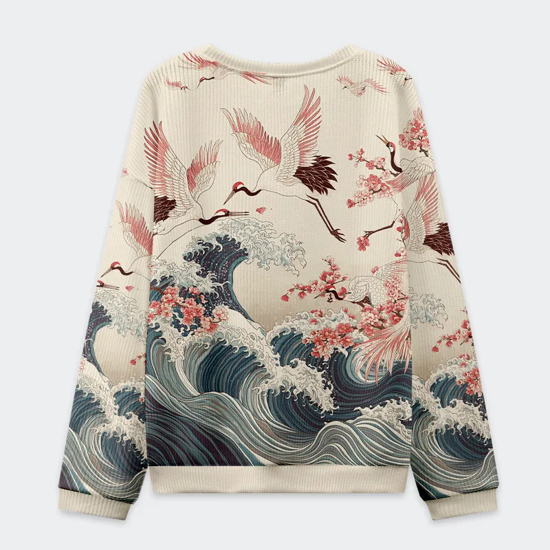 Tokyo-Tiger Cranes Dancing On The Waves Christmas Ugly Sweatshirt