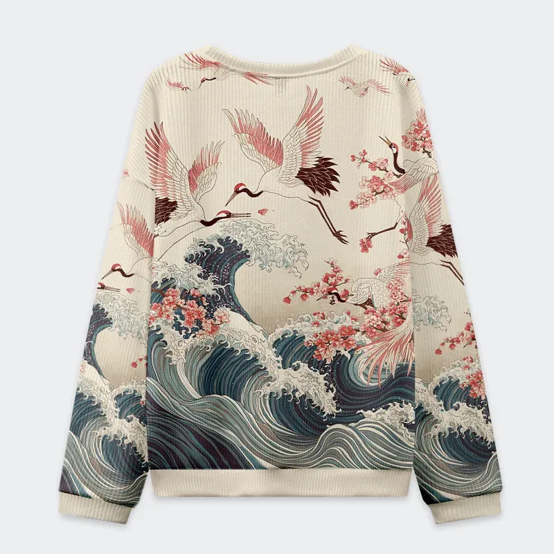 Tokyo-Tiger Cranes Dancing On The Waves Christmas Ugly Sweatshirt