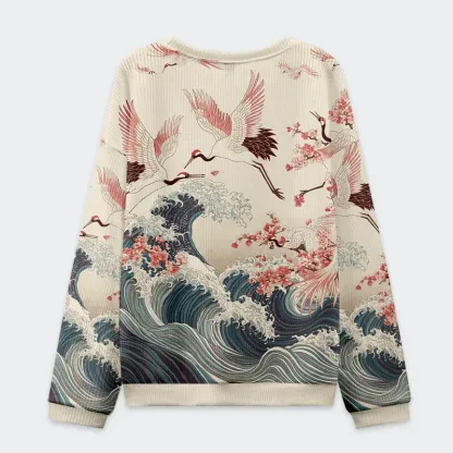 Tokyo-Tiger Cranes Dancing On The Waves Christmas Ugly Sweatshirt