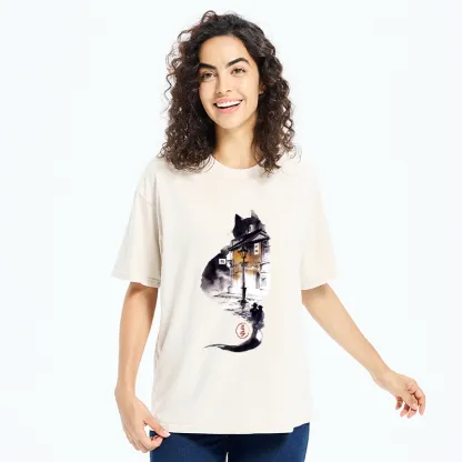 Tokyo-Tiger Black Cat Night Street Silhouette Washed T-Shirt